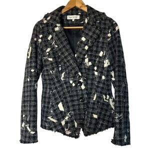 Anne Fontaine Blazer Sz 38 Black White Tweed Avant‎ Garde Belted Fringe Textured